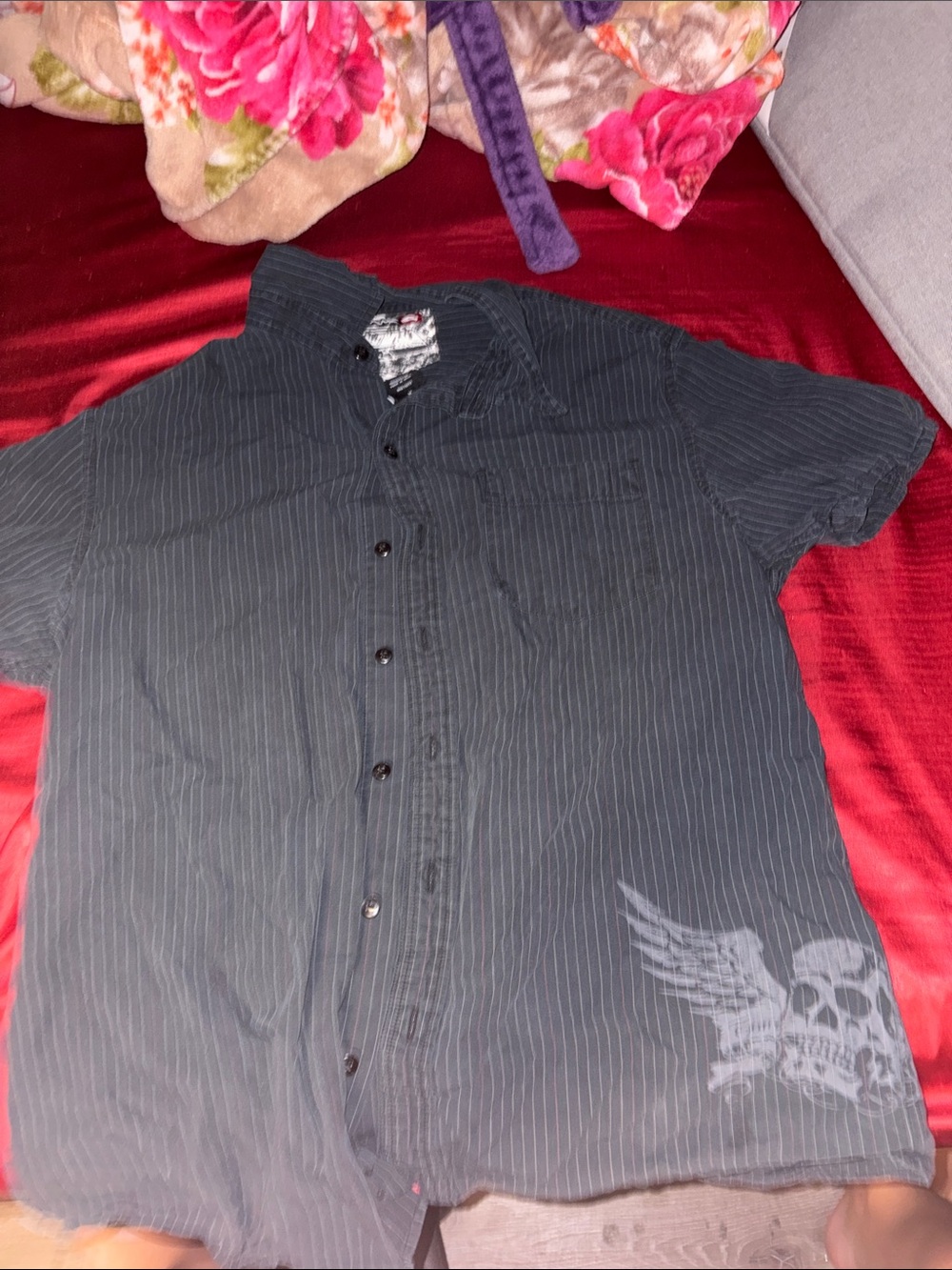Tony Hawk Black Pinstripe Short Sleeve Button-Up Shirt with Skull Wing Graphic